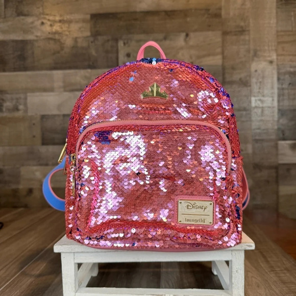 Loungefly Handbags - Disney Sleeping Beauty “Make It Pink! Make It Blue!” Loungefly Backpack Sequin.